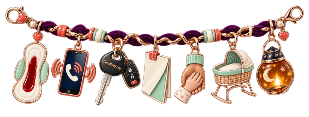 A deep-plum charm rail moves from heavy postpartum bleeding to the urgent call, car keys, support hand and empty nighttime bassinet.