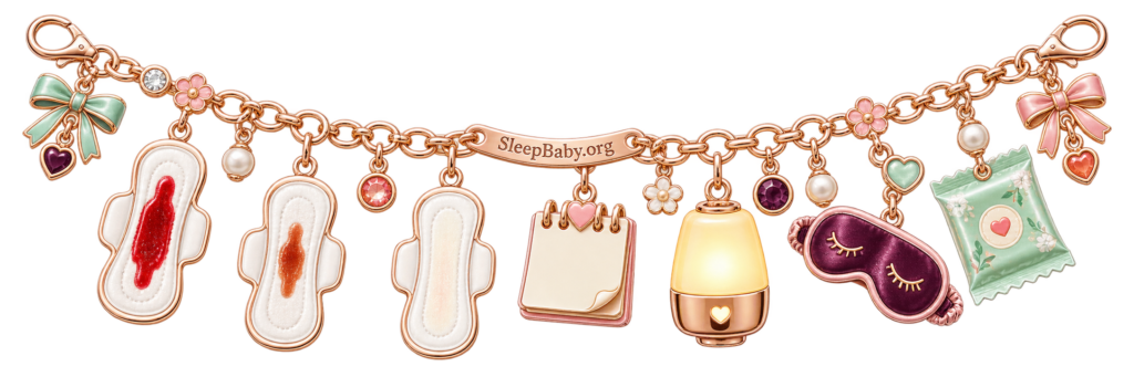 A rose-gold charm rail shows postpartum pads fading from red to rust to pale beside a calendar and bedtime objects.