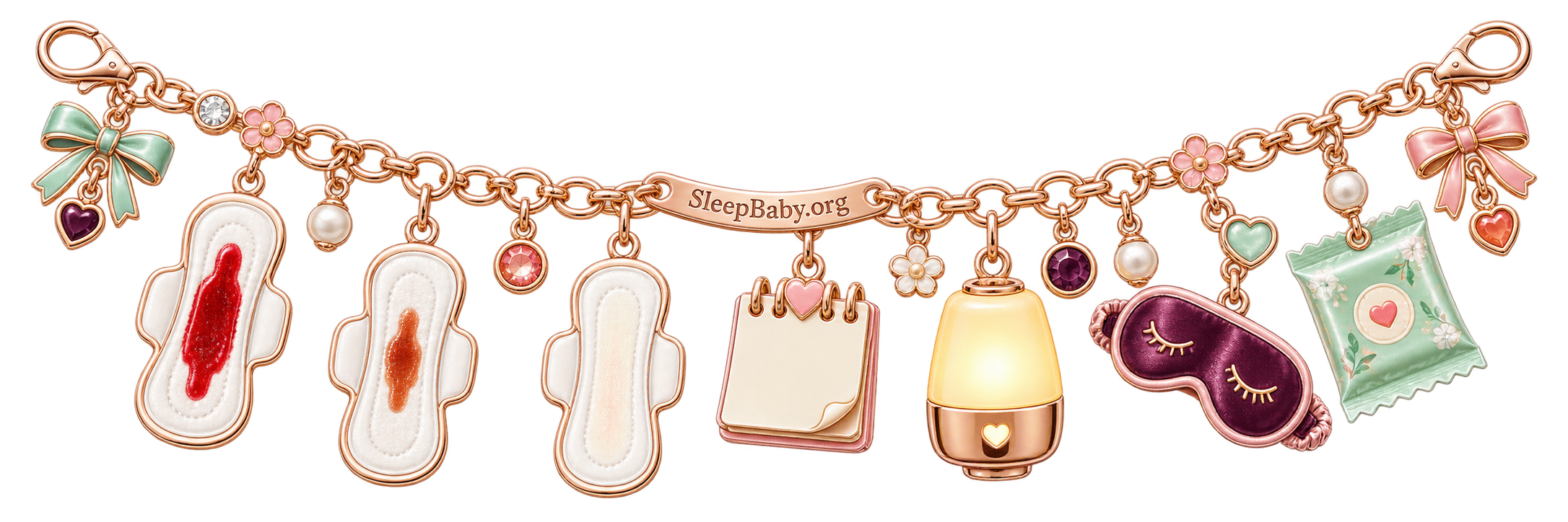 A rose-gold charm rail shows postpartum pads fading from red to rust to pale beside a calendar and bedtime objects.