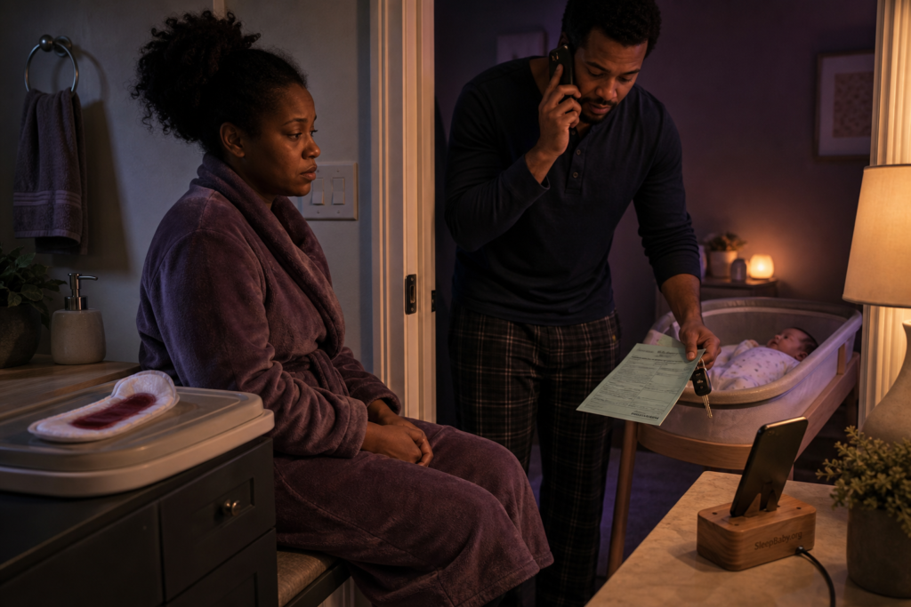 A support person phones for urgent help as a recovering parent sits by a heavily stained maternity pad and an awake baby lies safely in a bassinet.