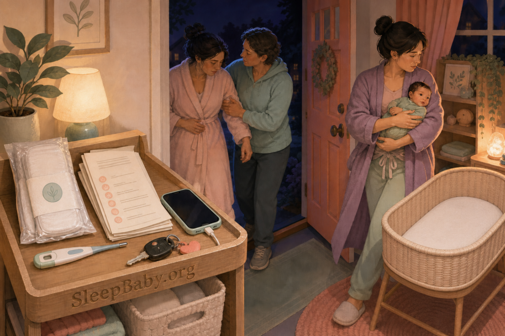 A night-care station, supported trip to medical care and awake newborn handoff unfold beside an empty bassinet in one warm postpartum scene.