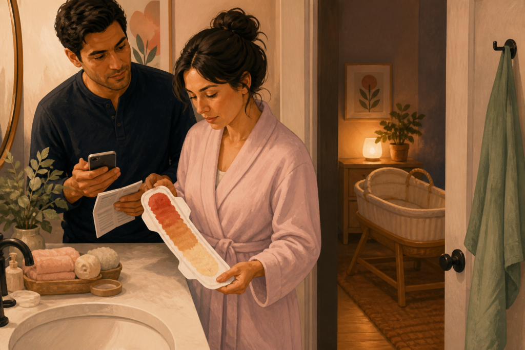 Postpartum parent checks a red-to-cream maternity pad beside a support person and empty nighttime bassinet.