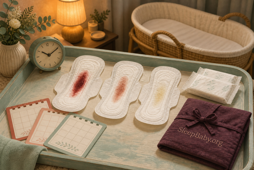 Red, rusty-brown and pale lochia marks appear on three pads arranged with a bedside clock and safe empty bassinet.