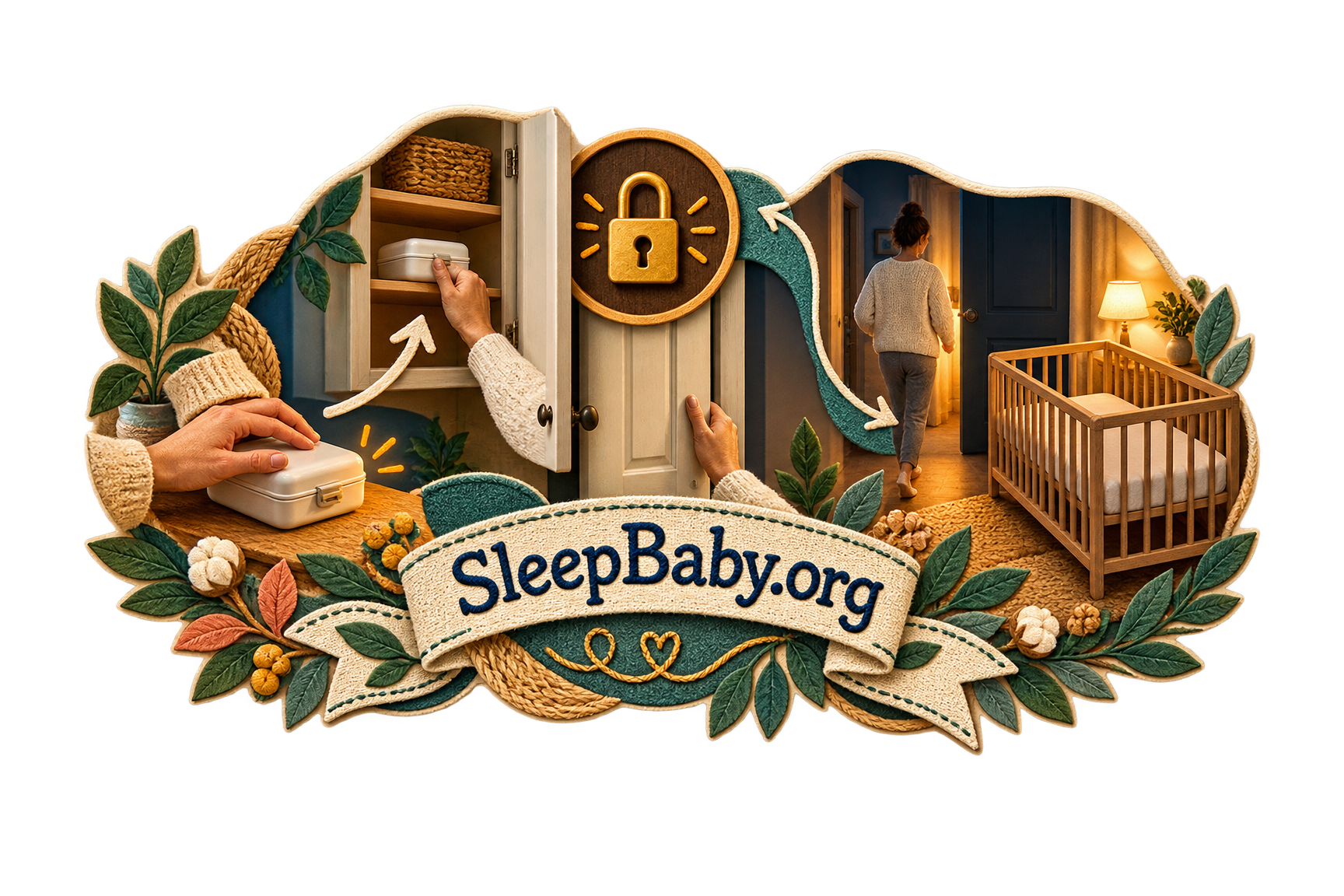A SleepBaby.org teaching rail follows a closed medicine case into a high cabinet, clicks the lock, and turns through a warm doorway toward an empty crib.