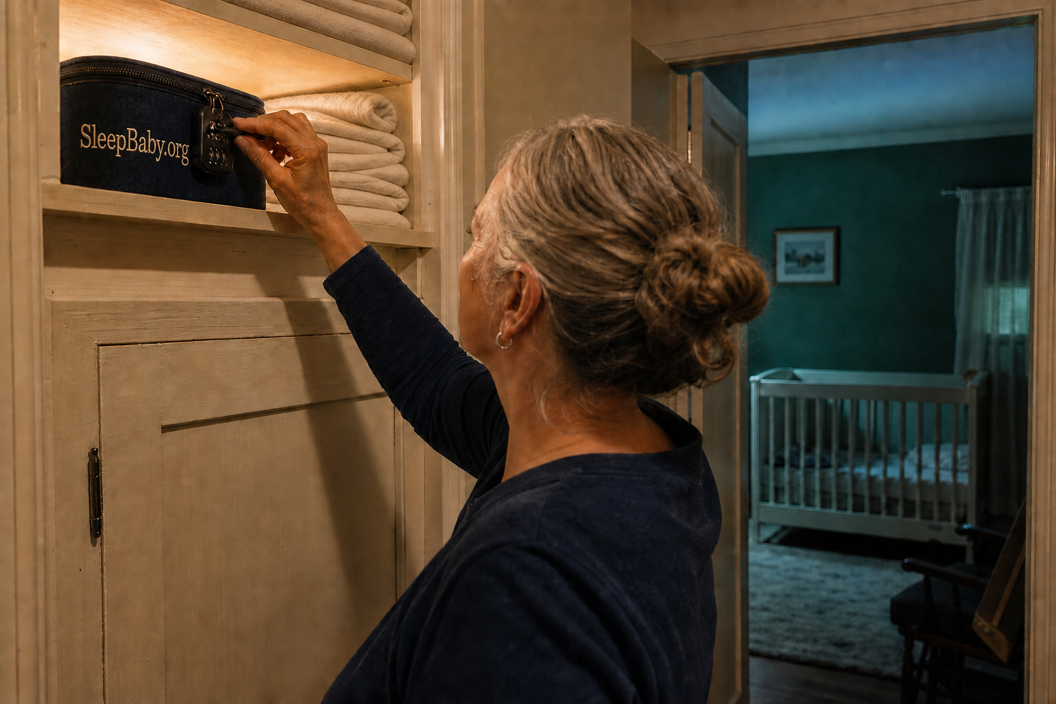 A caregiver locks a SleepBaby.org medicine case on a high linen shelf while an empty crib waits in the dark nursery beyond.