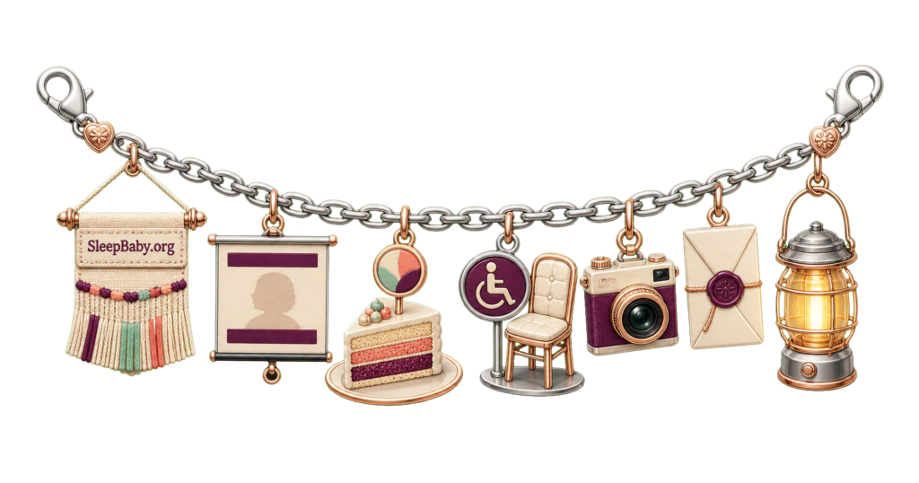 A silver and rose-gold charm strand links a reusable reveal banner, captioned projector, cake slice, accessible seating marker, camera, result card and warm lantern.