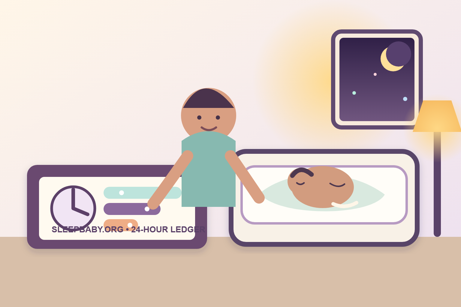 A caregiver records baby sleep blocks in a 24-hour ledger beside an infant sleeping on their back in an empty firm crib.