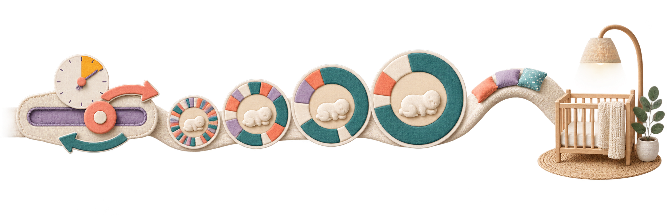 A paper teaching path links one timing slider to four changing sleep-pattern rings and an empty crib under a dim lamp.
