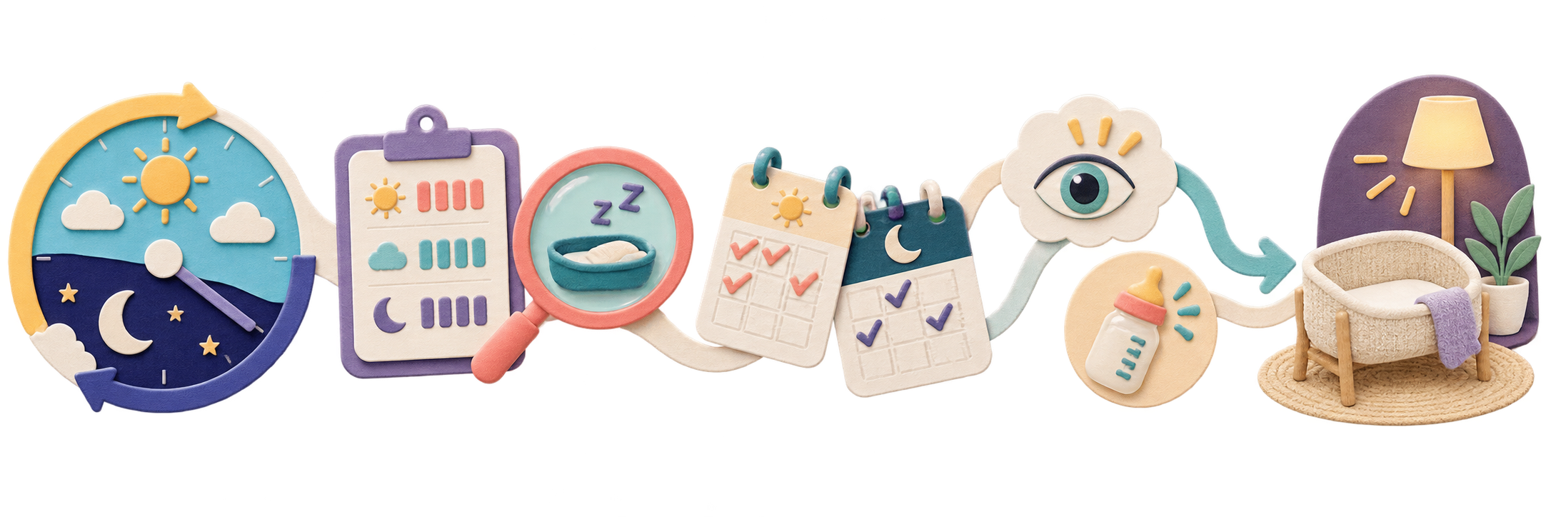 A tactile teaching path links a 24-hour clock, sleep tally, nap magnifier, calendar days, alert eye, feeding cue, and safe bassinet.
