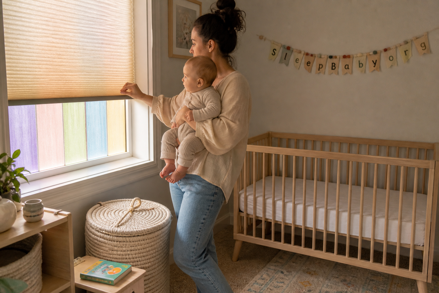 Caregiver lowers the shade halfway while holding an alert baby near a closed toy basket and empty crib.