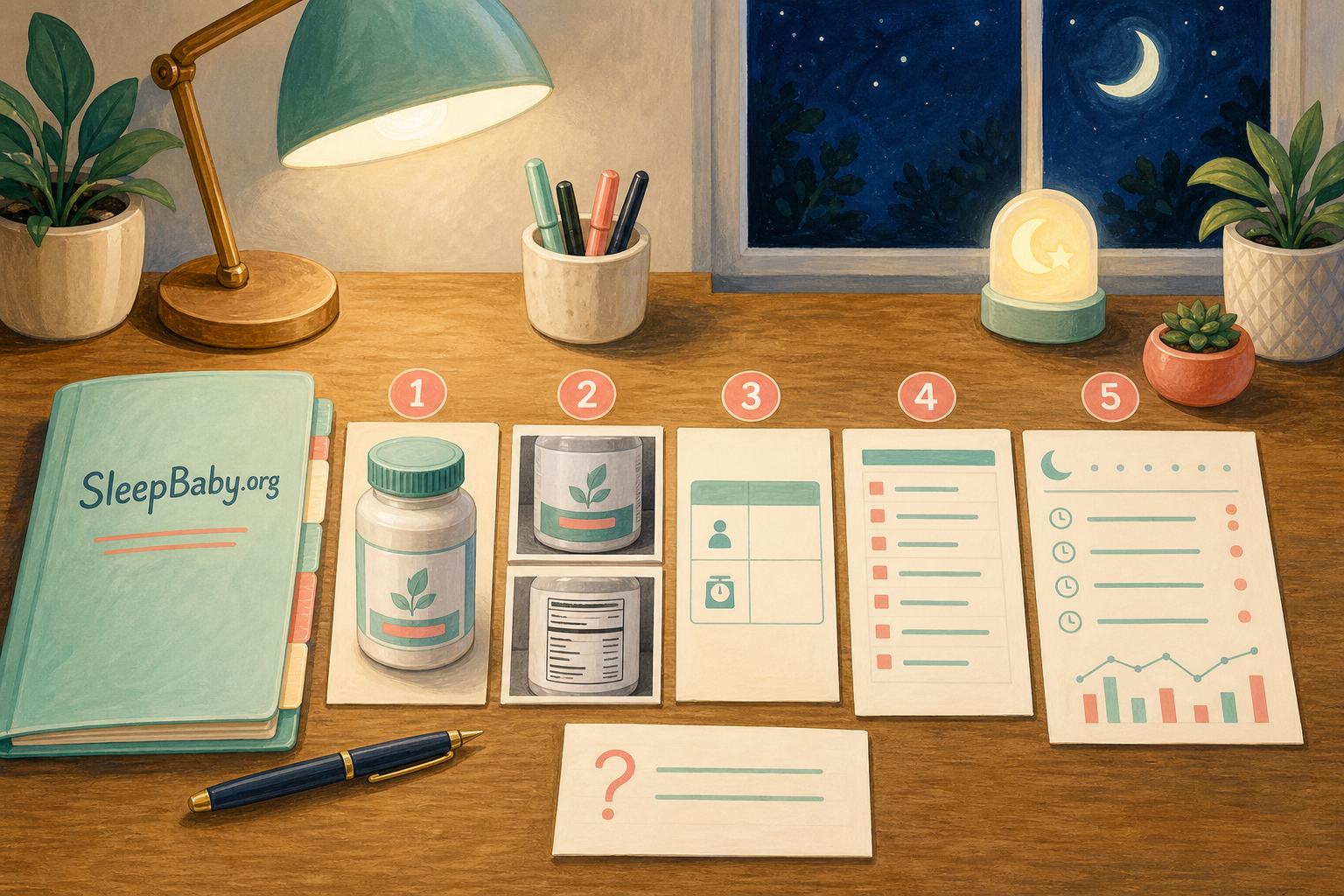 Five evidence groups organize magnesium gummy label details, child context, medicines, sleep pattern, and one clinician question.