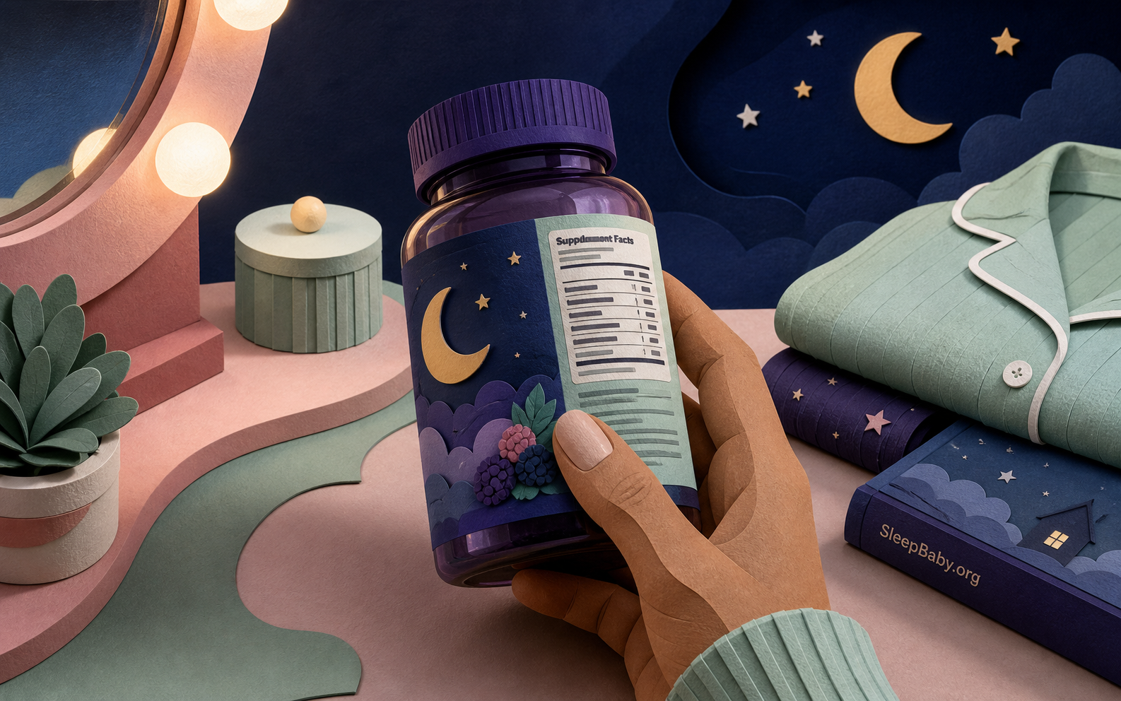 Closed magnesium gummy bottle rotates from its decorative front toward the facts panel beside bedtime items.
