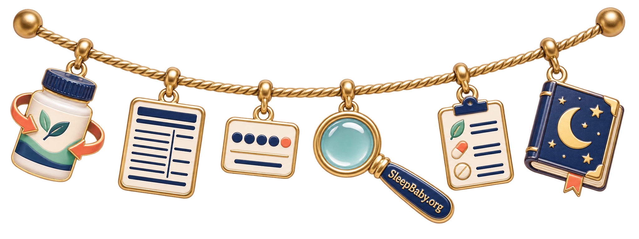 Charm strand steps through a closed magnesium gummy bottle, facts panel, magnifier, medicine list, and bedtime book.