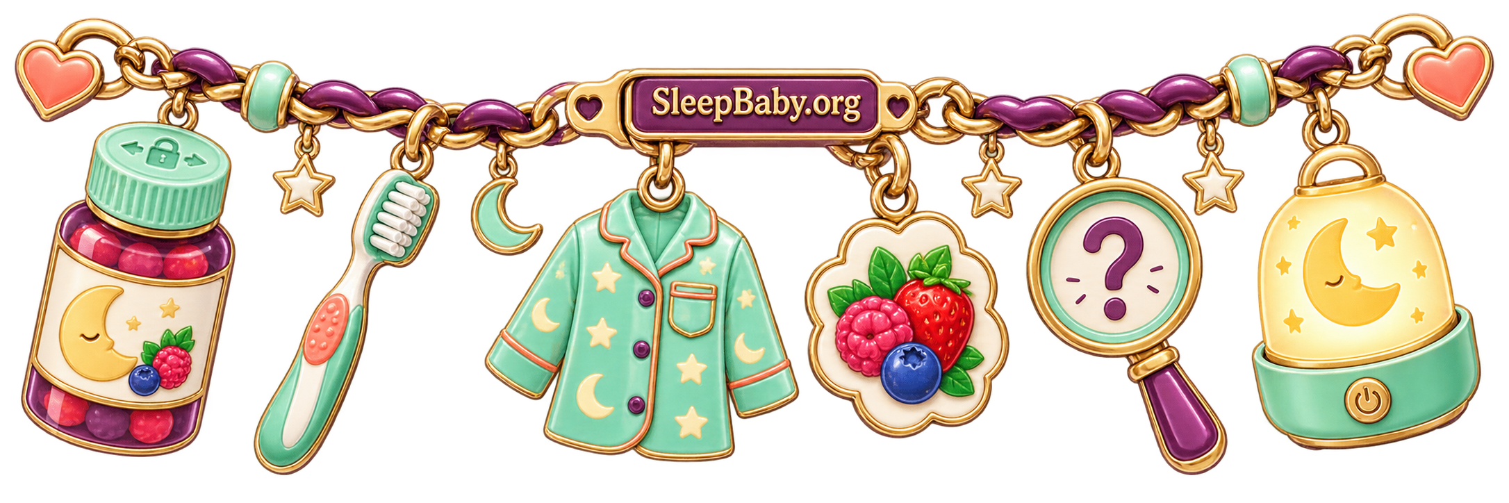 Charm ribbon connects a closed magnesium gummy bottle with bedtime objects and a question lens.