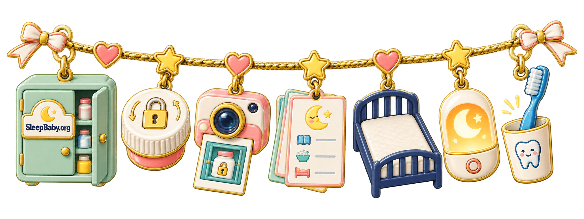 Charm ribbon pairs secure magnesium gummy storage with calm routine cards, an empty safe bed, nightlight, and toothbrush.