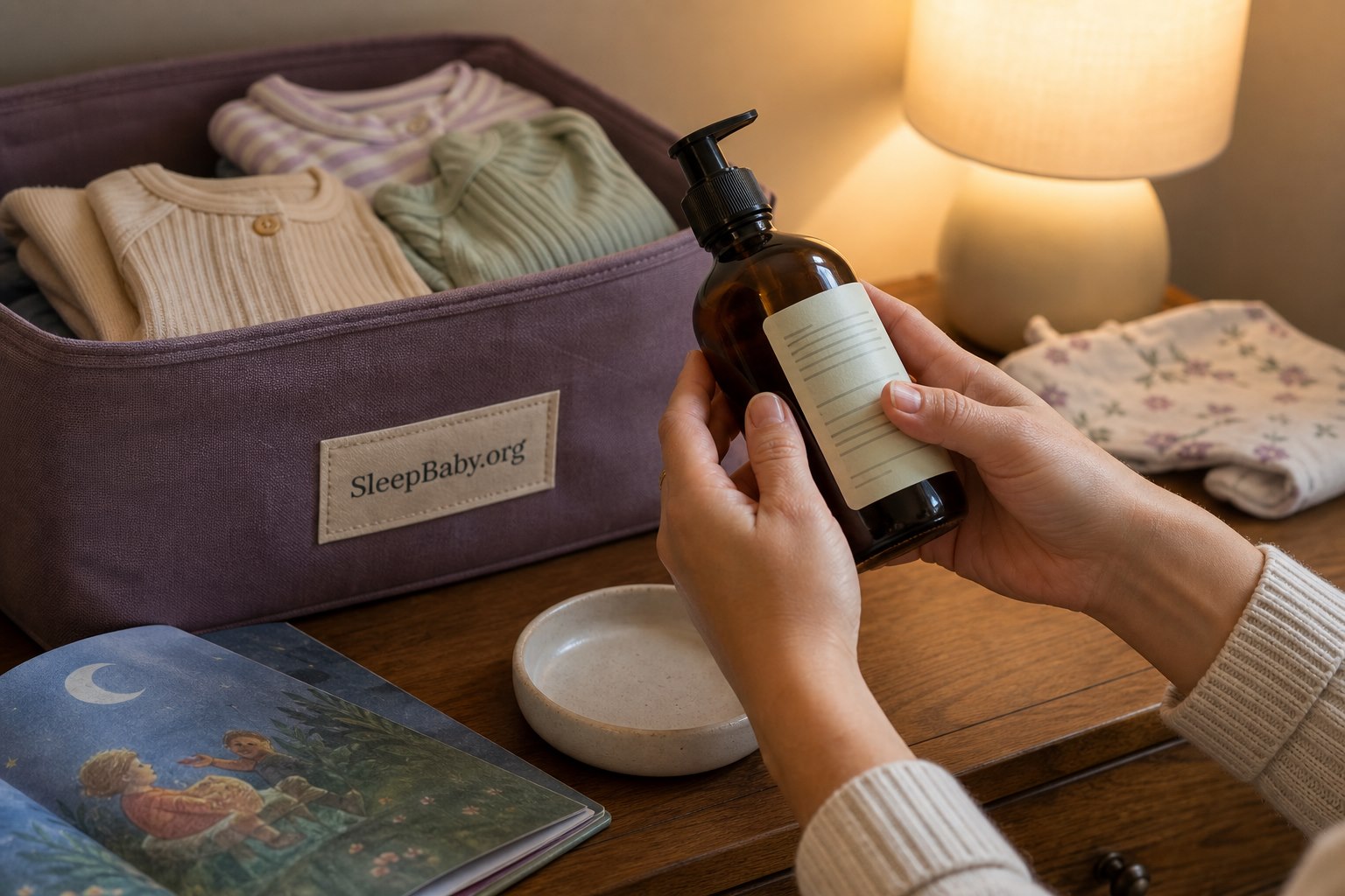 Caregiver hands turn a generic amber pump bottle to read its back label beside pajamas, a bedtime book, and a SleepBaby.org storage caddy.