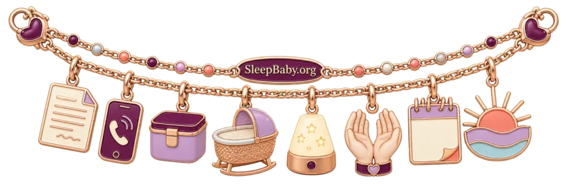 Rose-gold ribbon with discharge sheet, phone, latching box, empty bassinet, nightlight, open hands, calendar, and sunrise charms.
