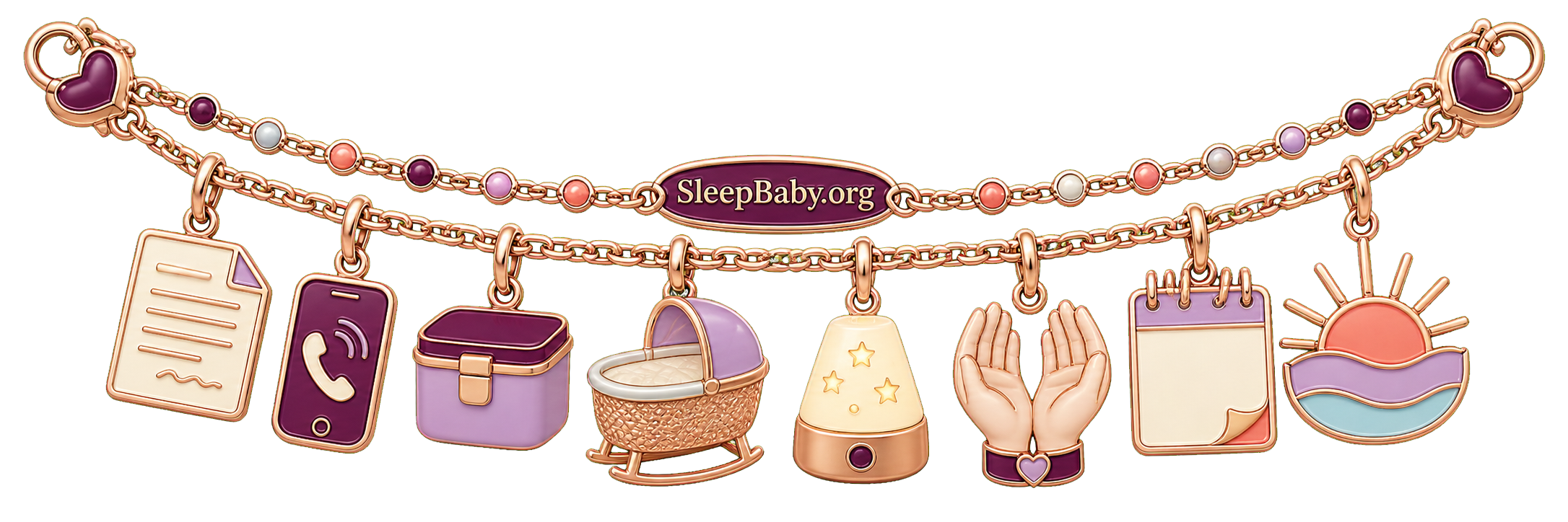 Rose-gold ribbon with discharge sheet, phone, latching box, empty bassinet, nightlight, open hands, calendar, and sunrise charms.