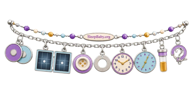 Silver ribbon with paired discs, two-view grid, empty socket, washer, two clocks, sample vial, and question-mark charms.