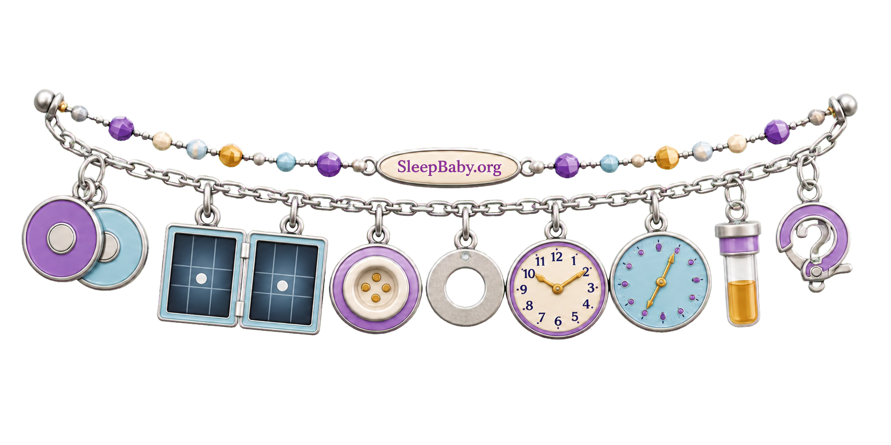 Silver ribbon with paired discs, two-view grid, empty socket, washer, two clocks, sample vial, and question-mark charms.