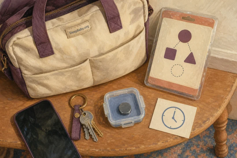 A phone, keys, diaper bag, product clue, clock card, and contained matching magnet are ready to take to emergency care.