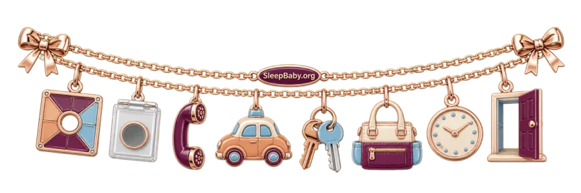 Rose-gold ribbon with missing-socket tile, contained magnet, phone, car, keys, diaper bag, clock, and open-door charms.