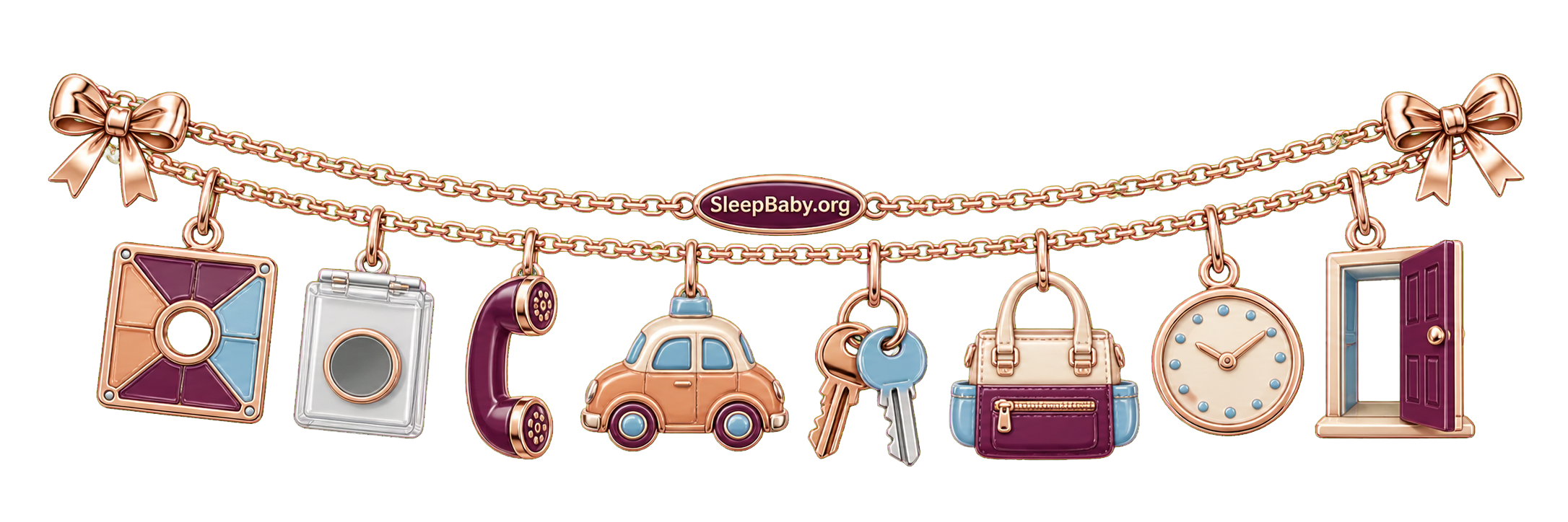 Rose-gold ribbon with missing-socket tile, contained magnet, phone, car, keys, diaper bag, clock, and open-door charms.