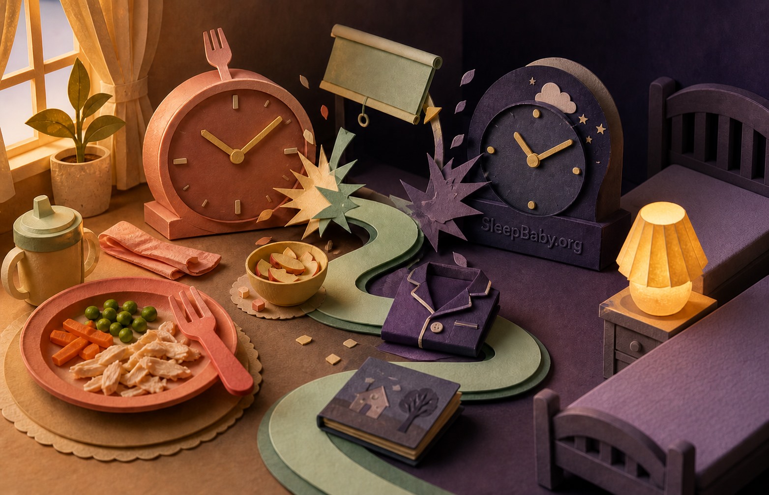 A dimensional evening map pairs a meal clock and sleep clock with a plate, snack, pajamas, book, moon, and bed.