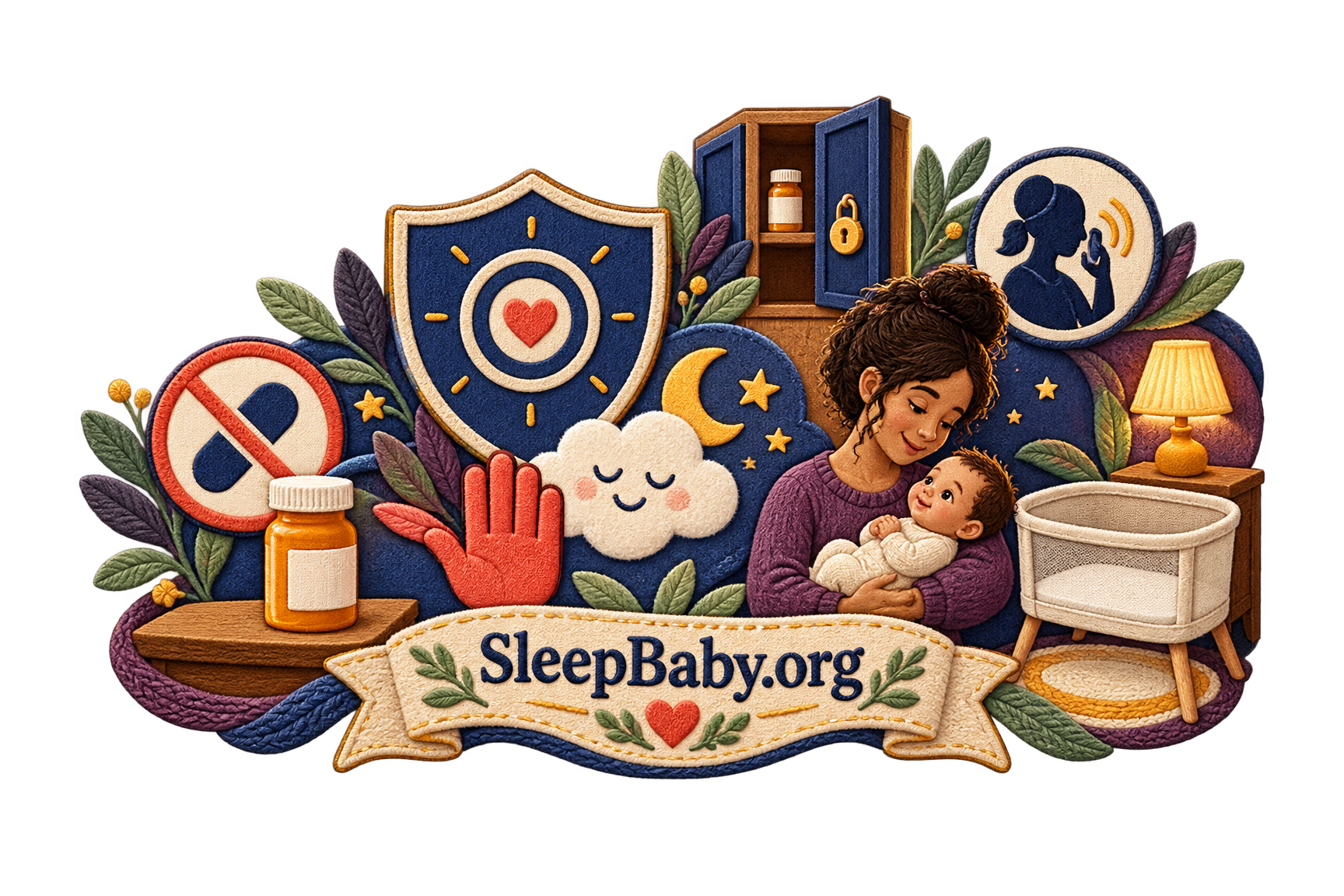 A SleepBaby.org teaching rail separates a closed medicine bottle from an awake baby and empty bassinet with a stop hand, locked cabinet, purpose shield, phone, and warm night lamp.