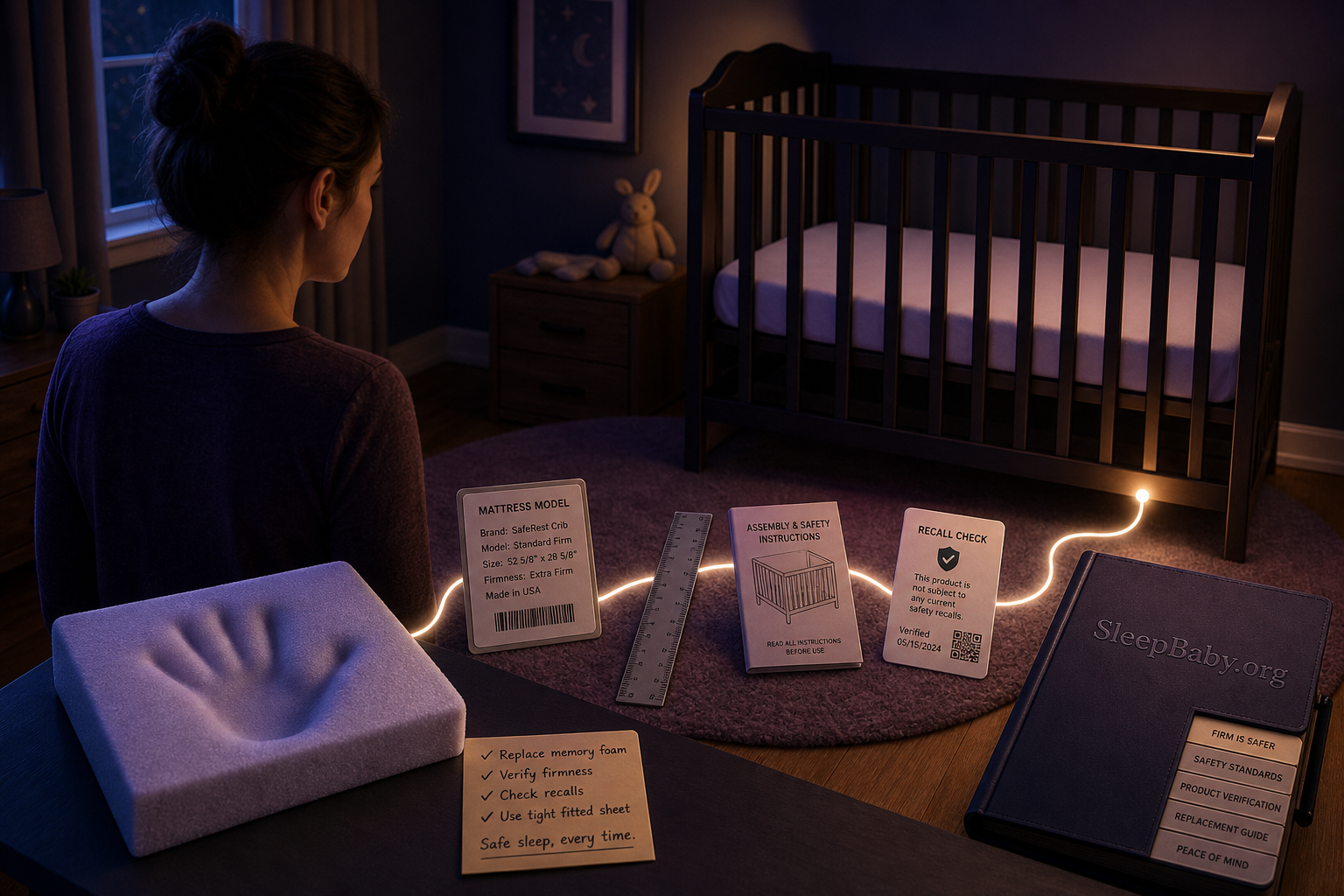 A glowing evidence path leads from indented memory foam through labels and measurements to an empty crib