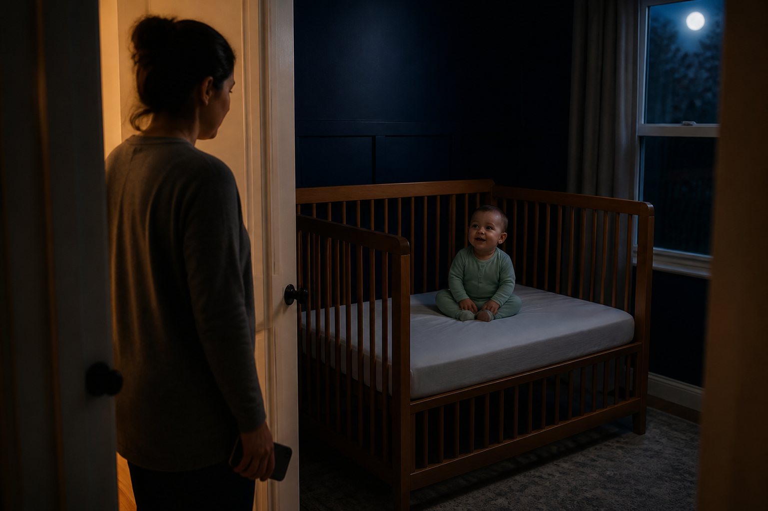Parent pausing in a dim nursery doorway while an alert smiling baby sits safely in an empty crib at night