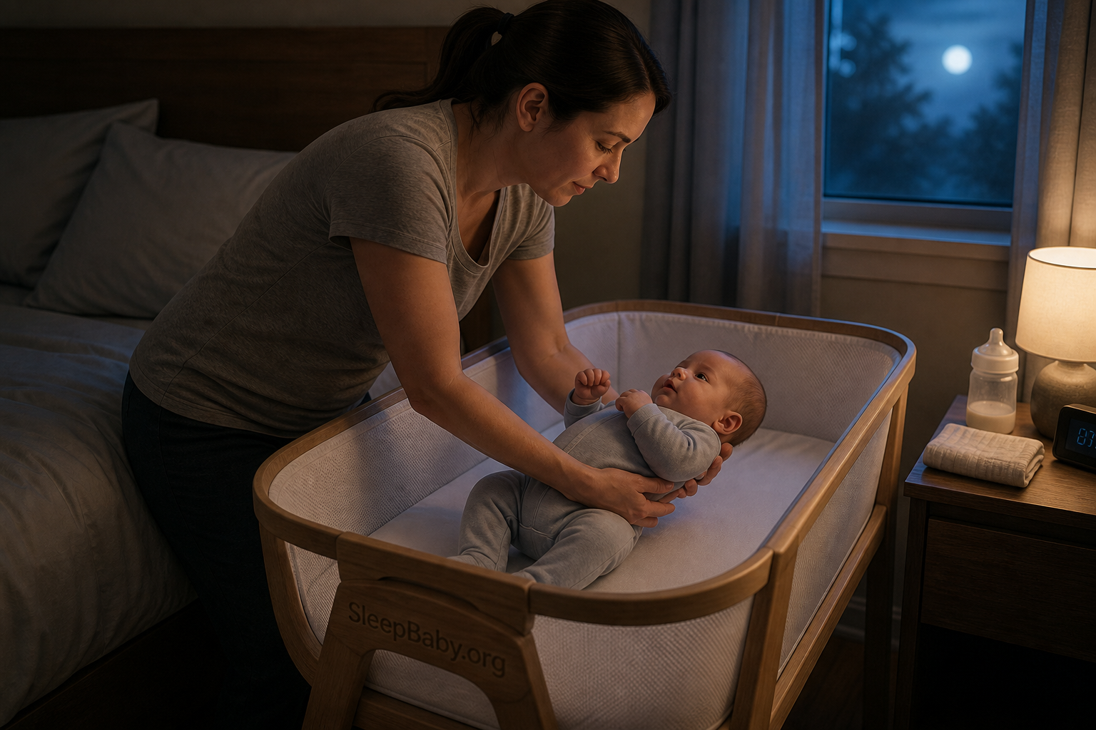 An awake caregiver returning a baby to a bare bedside bassinet after a nighttime feeding