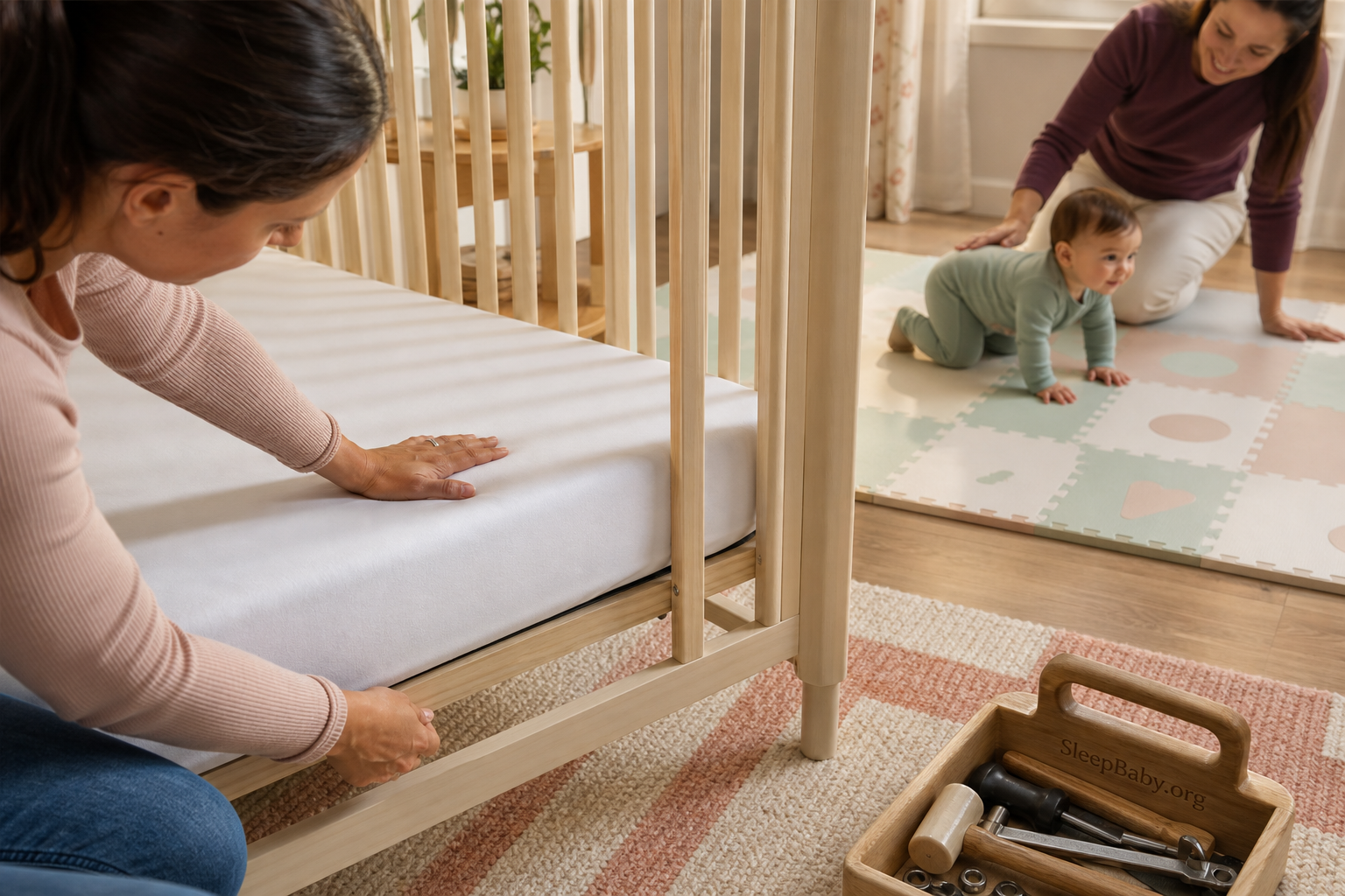 Caregiver checks the fitted sheet and mattress fit of an empty full-size crib in daylight