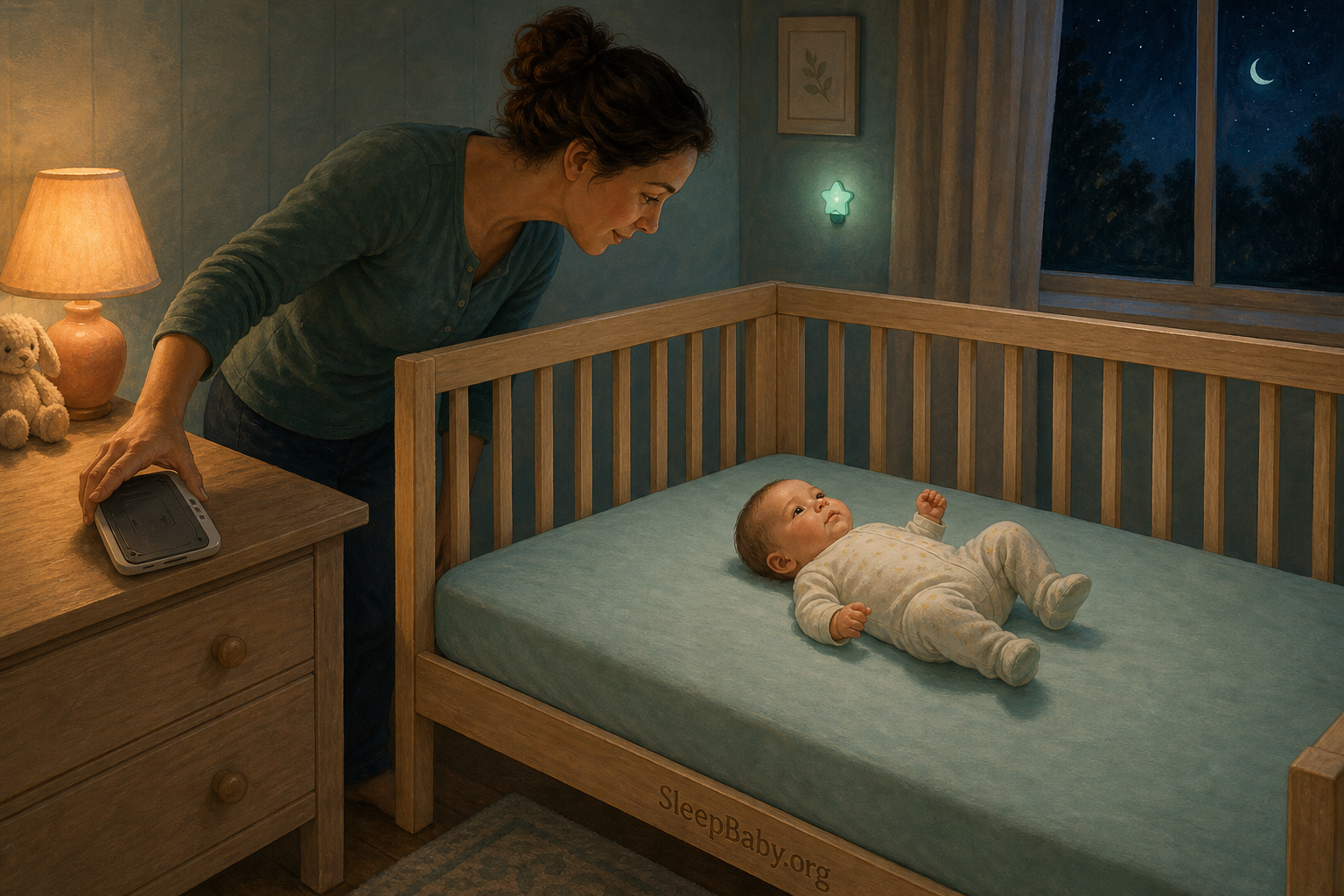 A caregiver puts down a video monitor and checks a calm infant directly in a bare crib with a firm fitted-sheet mattress