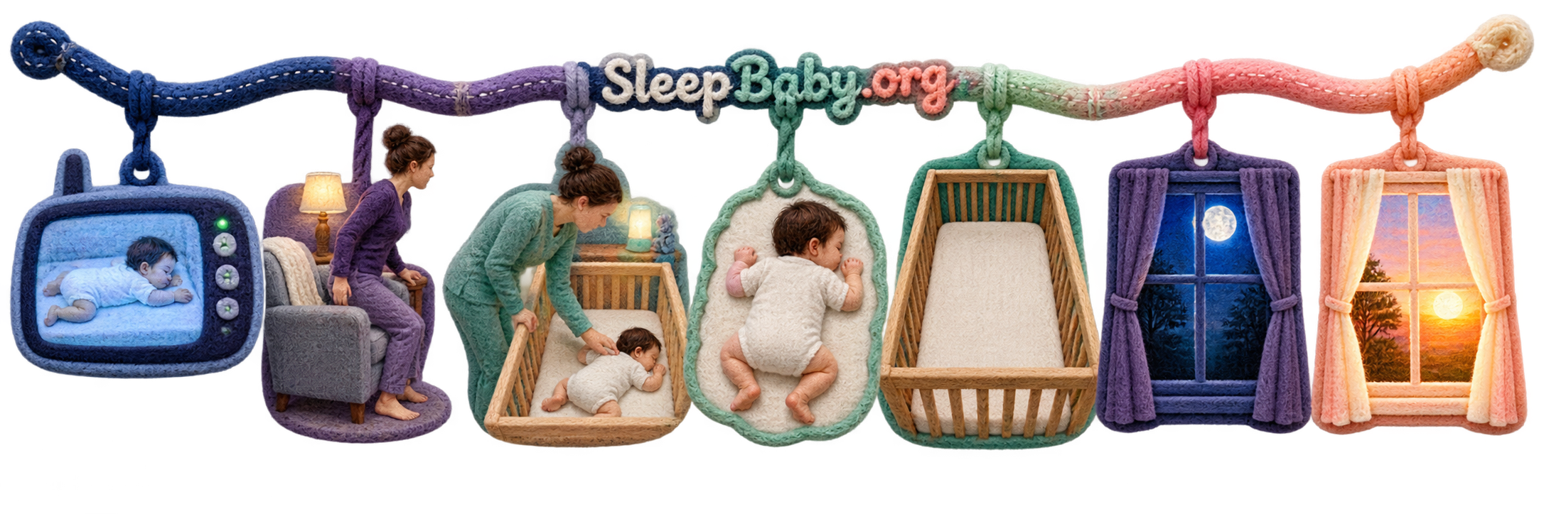 Night-to-dawn felt ribbon moves from a tummy-sleep monitor view to a direct crib check, a bare crib, moonlight, and sunrise.