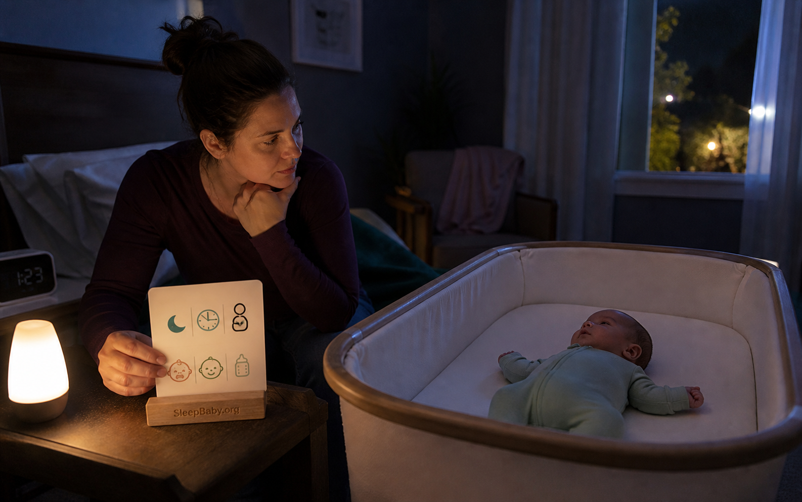 Alert caregiver holds an icon feeding-plan card beside a baby on the back in a separate bare bassinet