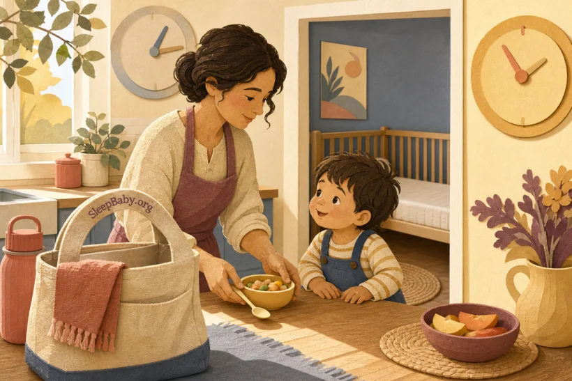 A caregiver serves lunch to an awake toddler between two numberless clocks while an empty crib waits through the doorway.