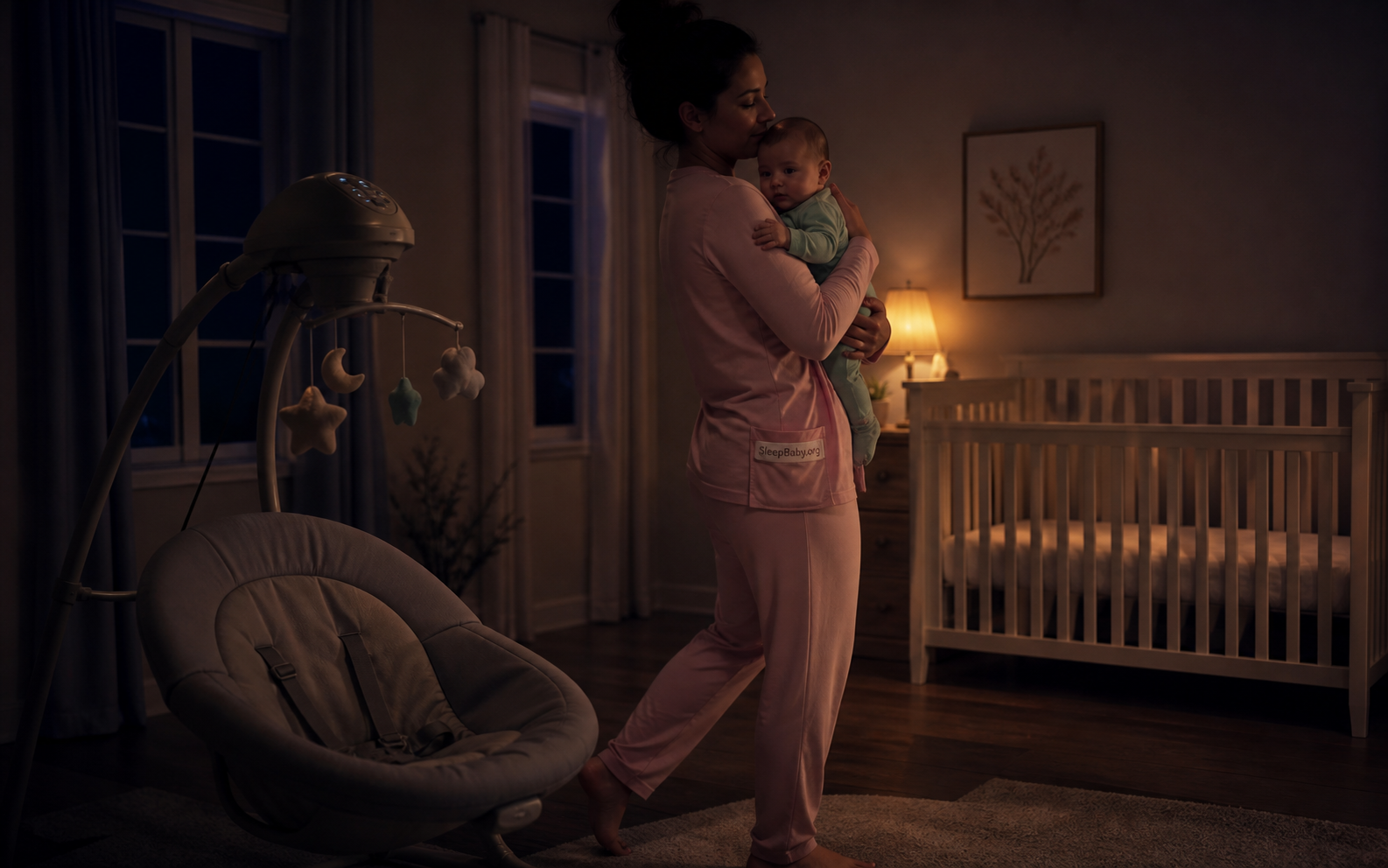 A warm bedtime scene showing an empty swing in front while a caregiver slows a gentle sway beside a bare flat crib prepared for sleep