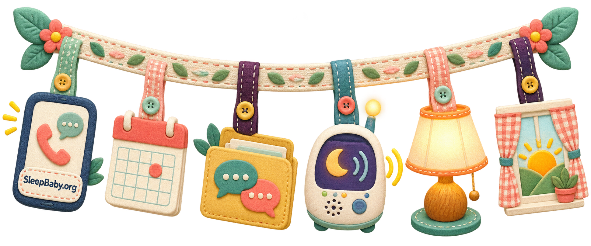 A transparent stitched ribbon links a contact card, persistence calendar, discussion folder, night monitor, bedside lamp, and morning window