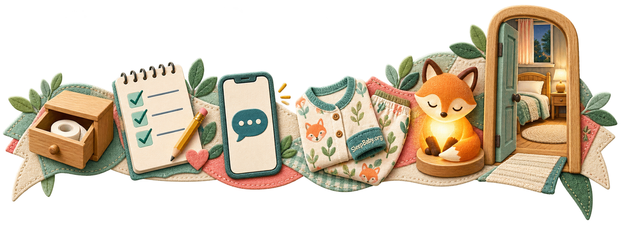 A transparent closing rail shows unused tape in a drawer, a completed observation note, a contact phone, pajamas, a fox nightlight, and an open bedroom doorway