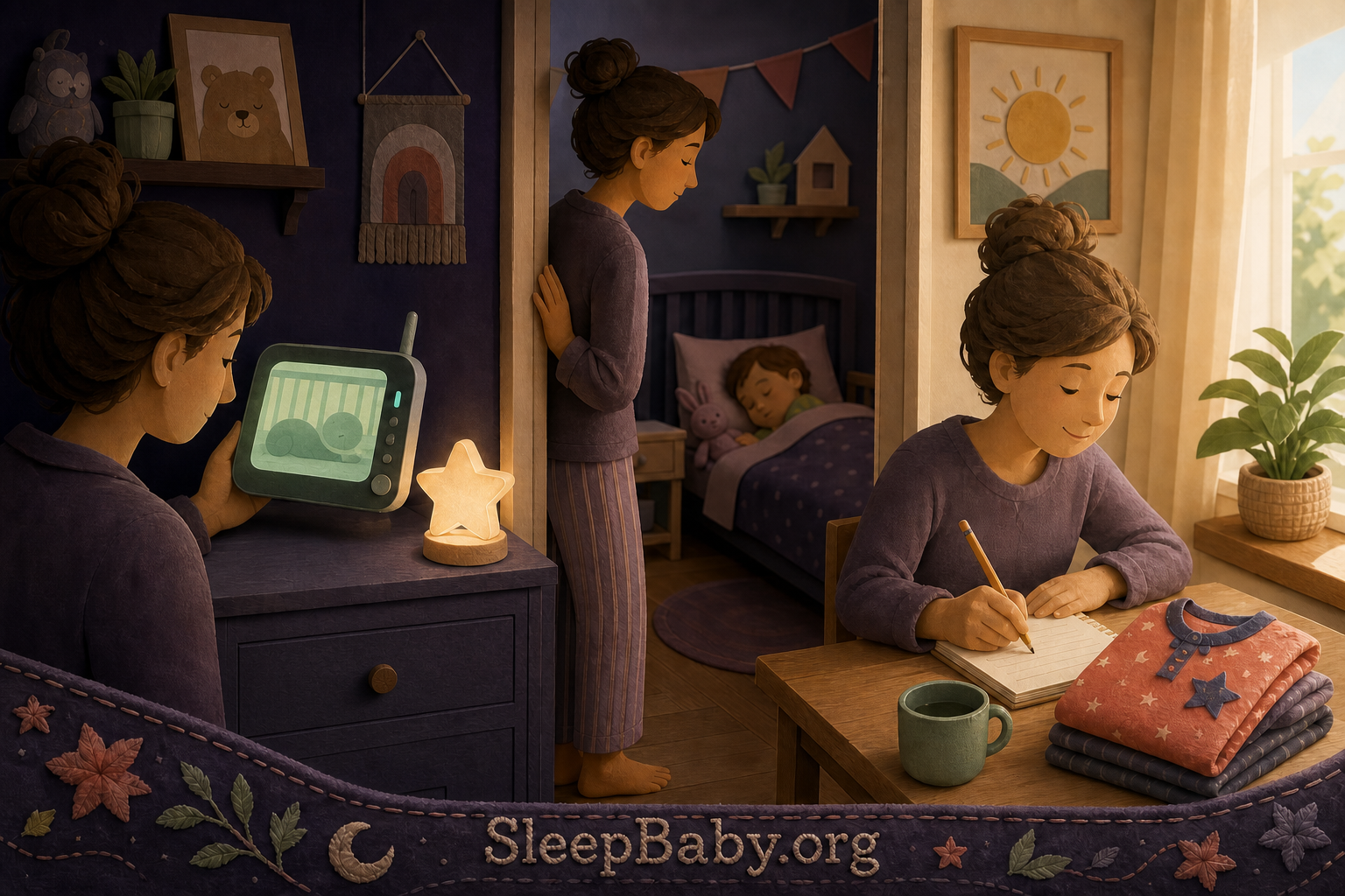 Three connected bedtime and morning scenes demonstrate looking at breathing effort, listening for sounds, and noting daytime effects