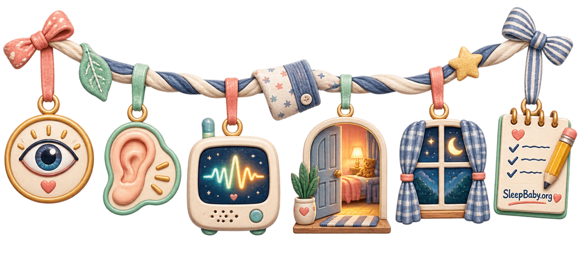 A transparent observation ribbon with an eye, ear, qualitative monitor waveform, bedtime doorway, moonlit window, and note pencil