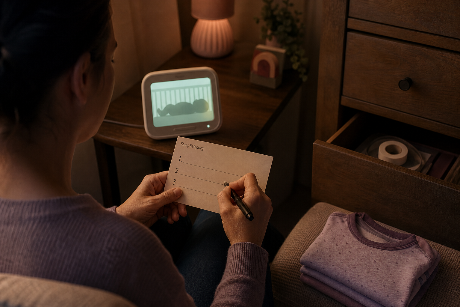 A caregiver writes brief breathing observations beside a toddler monitor while the unused tape remains in a closed drawer