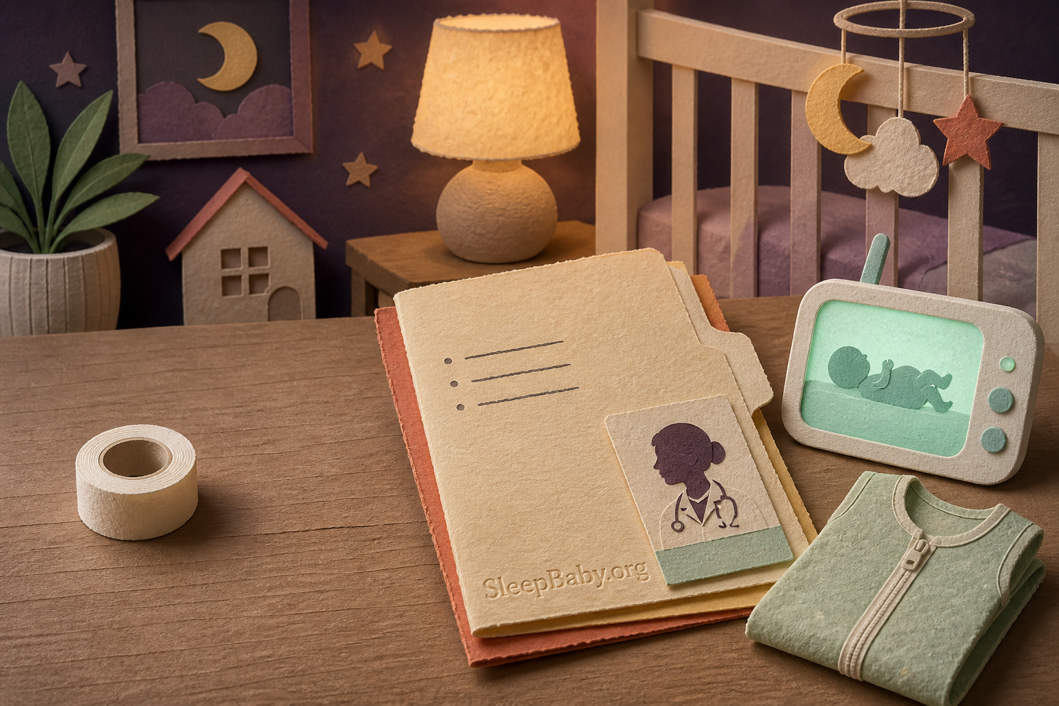 A tactile decision scene contrasts an unused tape roll with observation notes and a pediatric contact card beside a bedtime monitor