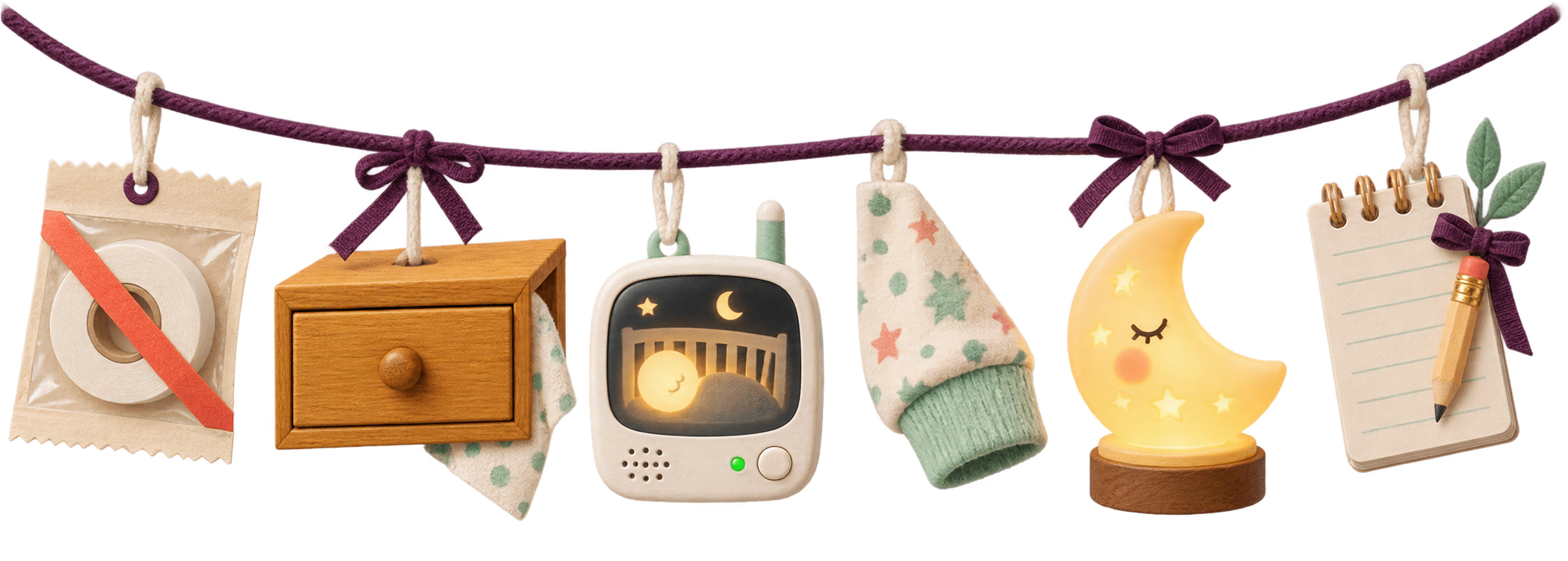 A transparent bedtime ribbon showing unused mouth tape, a closed drawer, monitor, pajama cuff, nightlight, and observation note