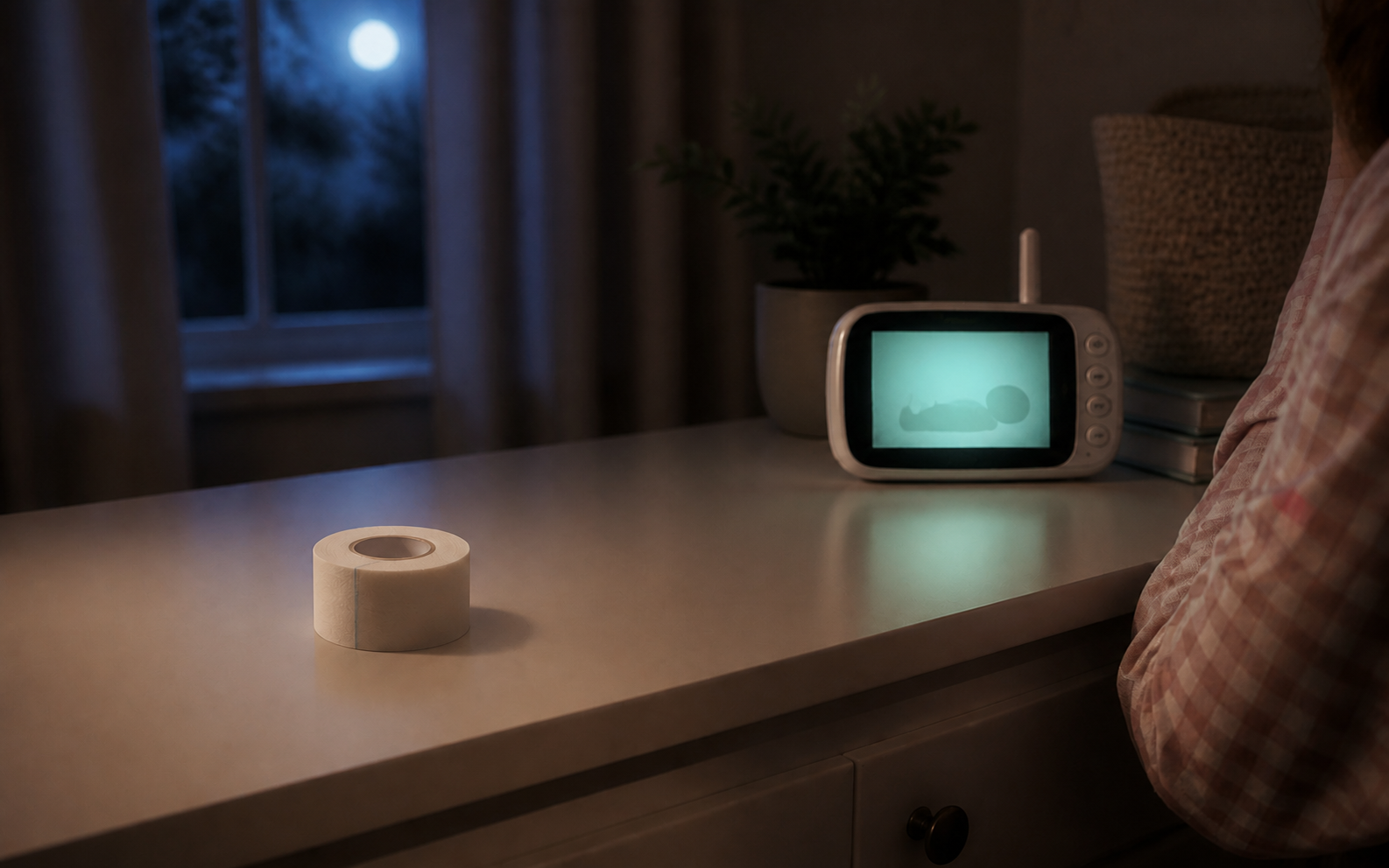 An unopened paper tape roll rests away from a softly glowing toddler monitor at bedtime