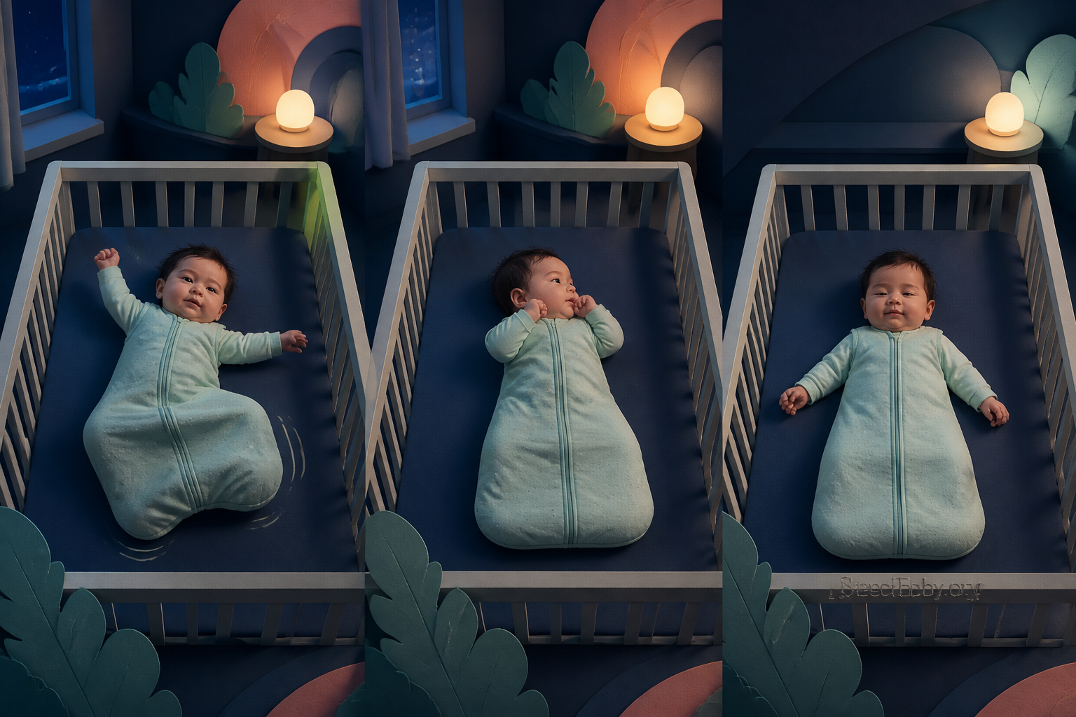 Three-stage sequence from kicking and hand movement to a relaxed bedtime posture
