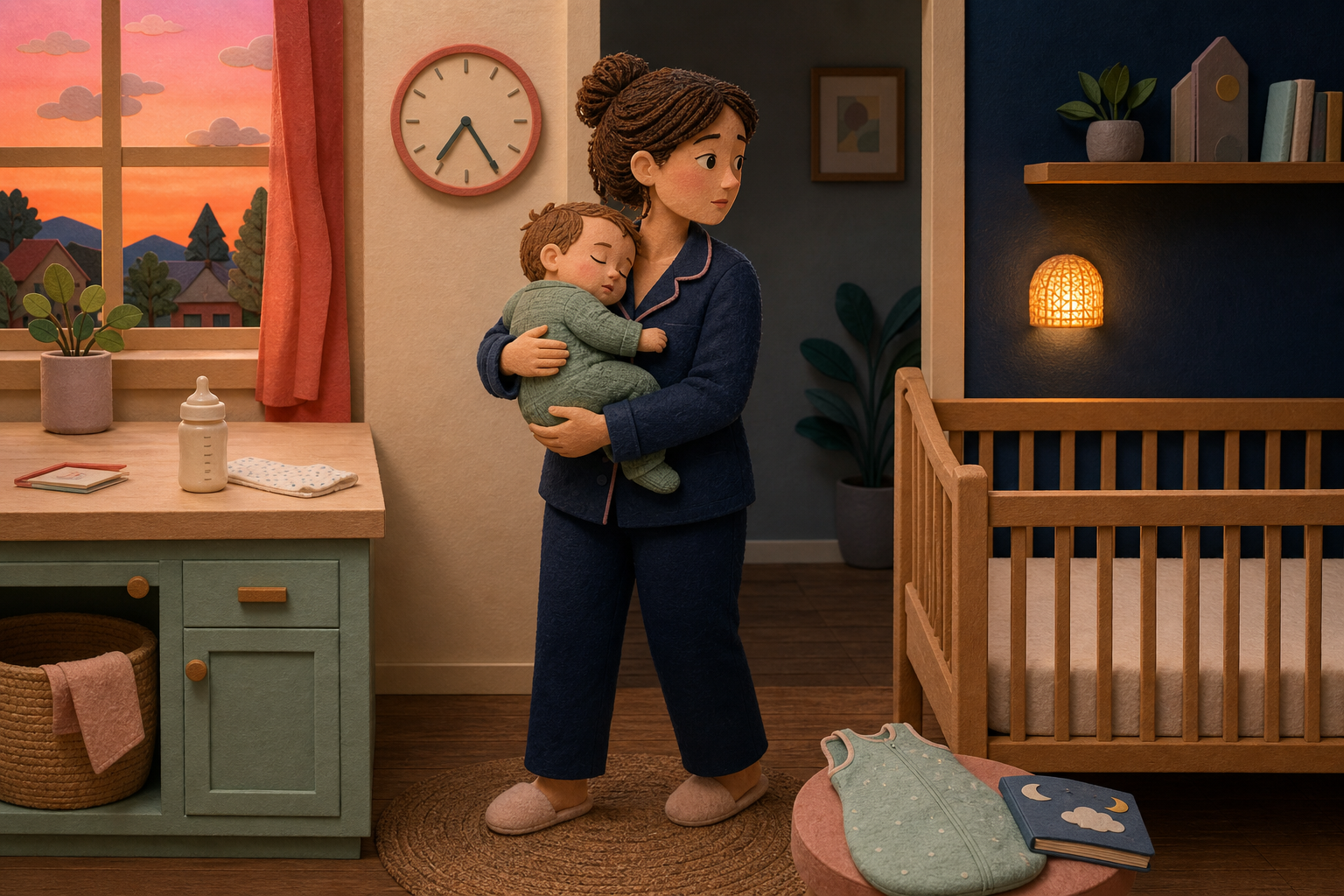 Caregiver holding a sleeping baby between an early clock, feeding cue, and safe empty crib at dusk.