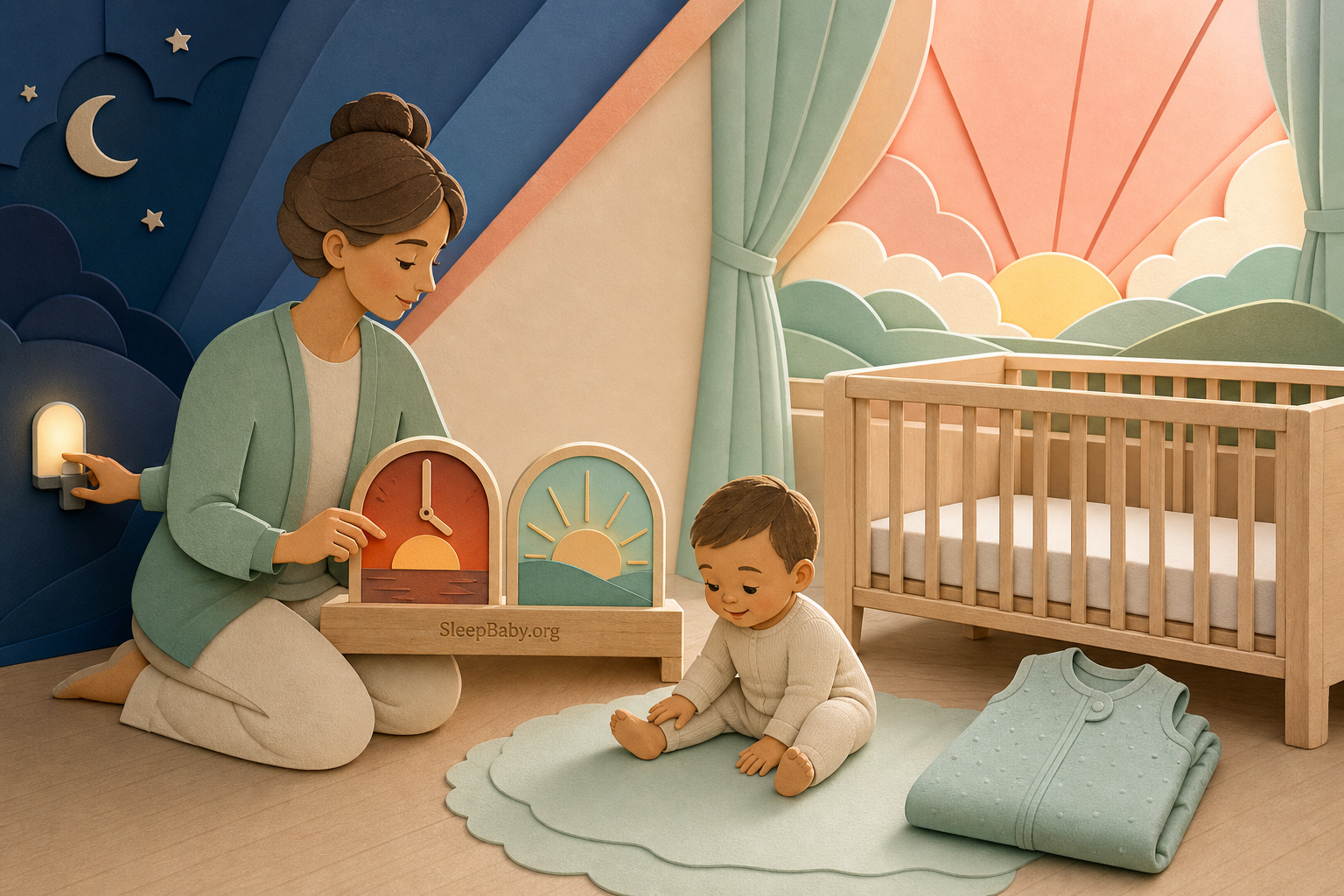 Layered dawn scene with sunset and sunrise clock tokens, a safe crib, folded sleep sack, and baby awake nearby for a calm morning readback.