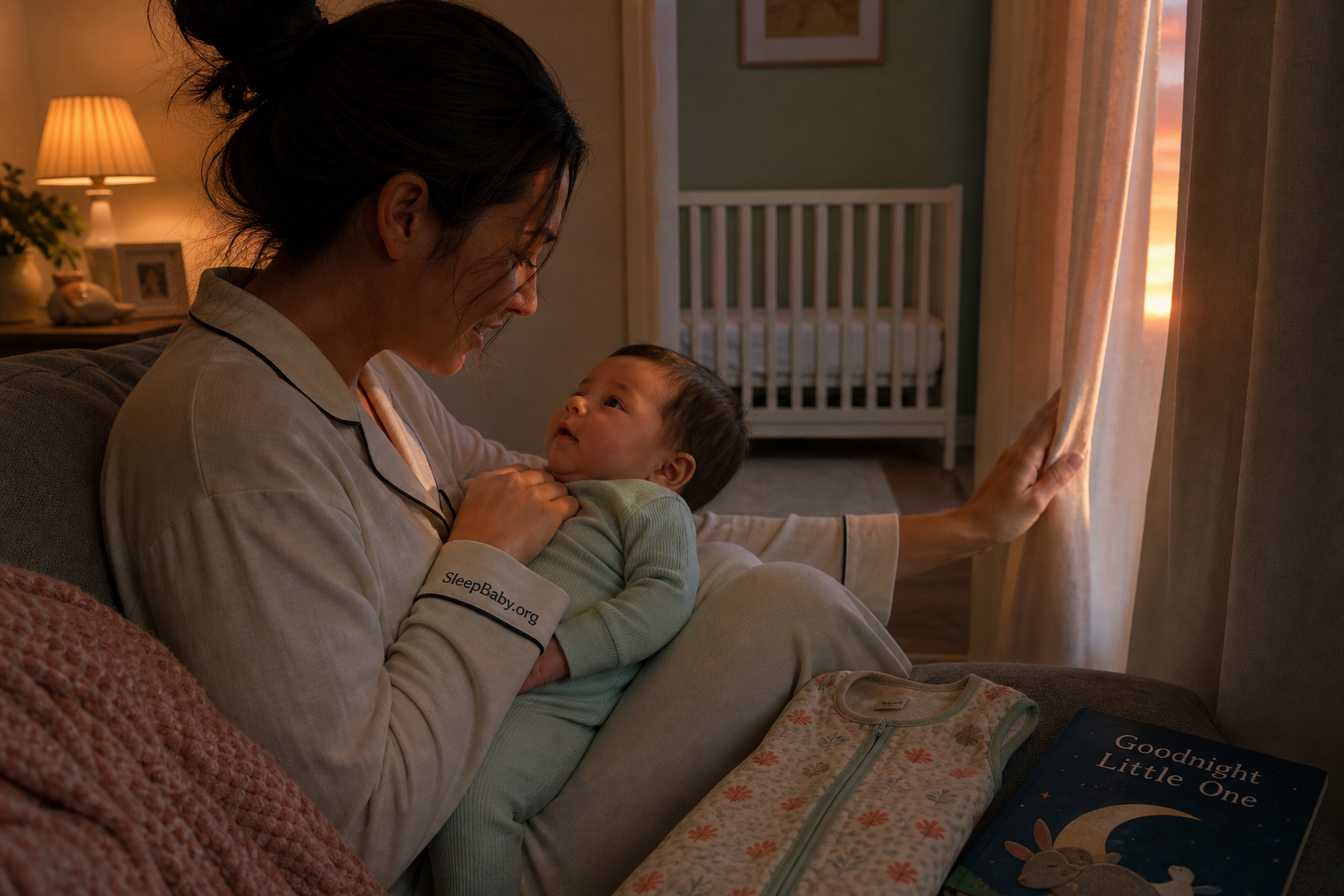 Caregiver gently opening a curtain as an awake baby moves from a short rescue nap toward a calm bedtime routine.